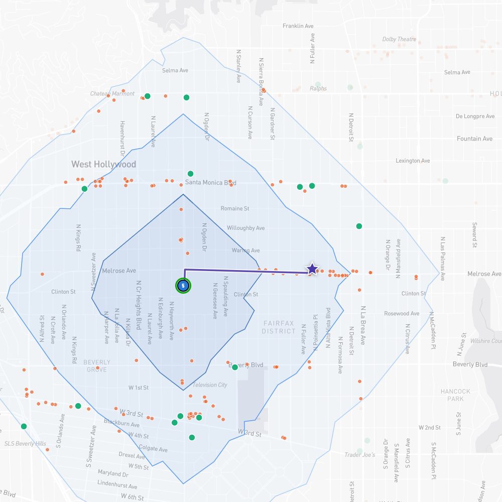 Map with 10, 20 and 30 minute walking isochrone bands drawn around an anchor point in Los Angeles