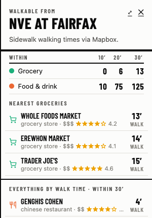 Panel of grocery stores and restaurants sorted by walking time, with star ratings and price levels