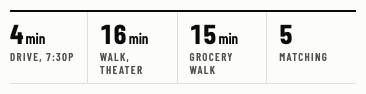 Building detail statistics: drive time at 7:30pm, walk time to the anchor, walk time to the nearest grocery store, and matching unit count